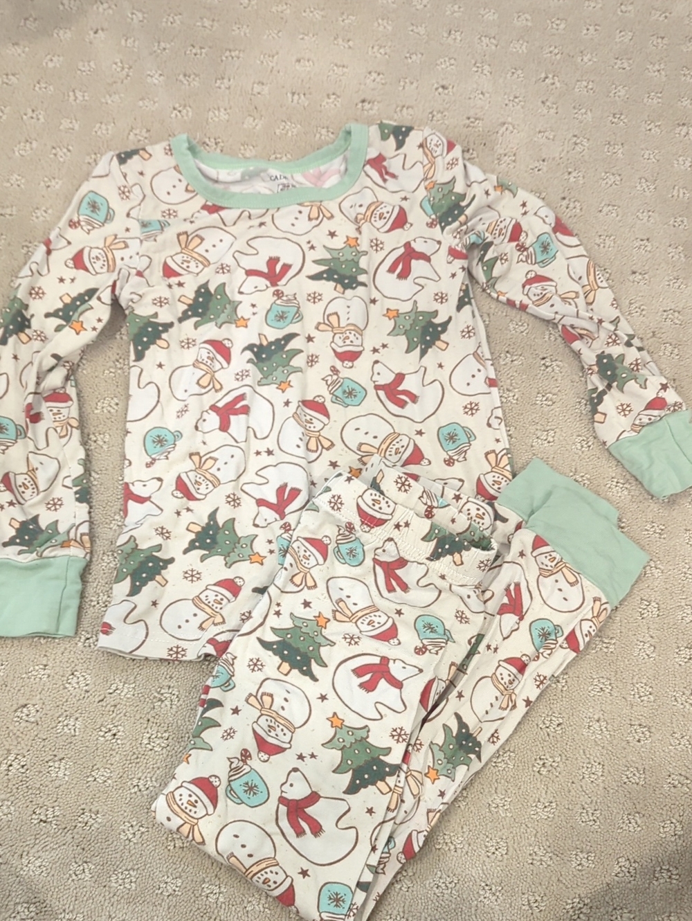 Caden Lane White Kids Holiday Snowman Pajama Set with Mint Trim